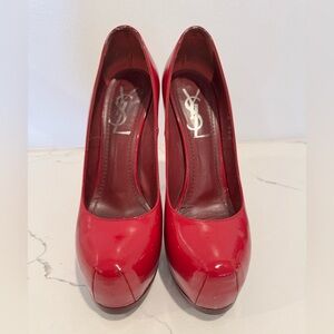 Yves Saint Laurent Tribtoo 105 Red Patent Leather Platform Pumps Heels Sz 36.5